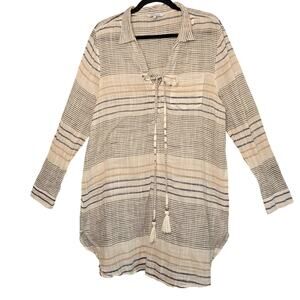 Blue Island Linen Tunic Top Womens Large White Blue Striped Lightweight Boho